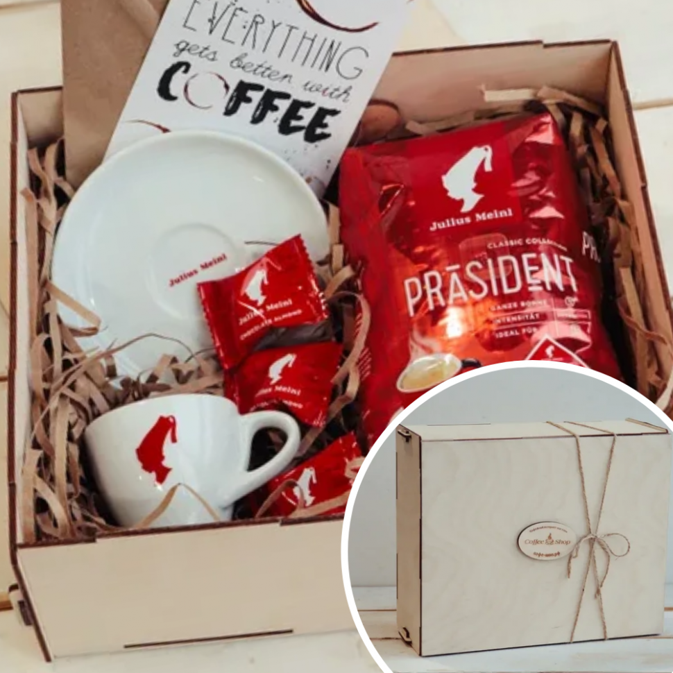 Подарочный набор Подарочный набор Coffee-shop с кофе Julius Meinl Prasident 500гр и чашкой в деревянной коробке, премиум